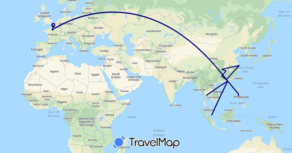 TravelMap itinerary: driving in China, France, Hong Kong, Philippines, Singapore, Thailand (Asia, Europe)
